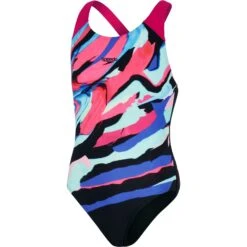 Speedo Digital Placement Splashback Meisjes Badpak - Black/electric Pink/pool/blue Flame
